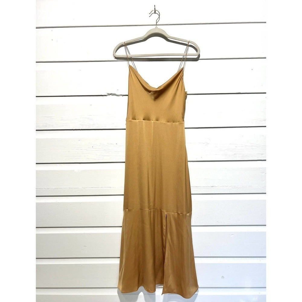 Women's Designer Intermix 100% Silk Gold Side Slit Slip Dress Size 4